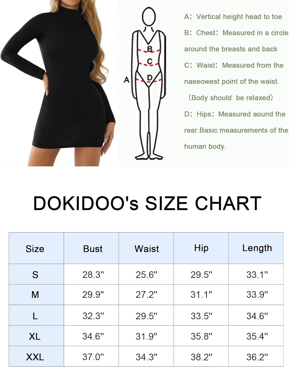 Women's Long Sleeve Bodycon Dress with Stand Neck - Casual Fitted Stretch Mini Dress in Black (Size Small)