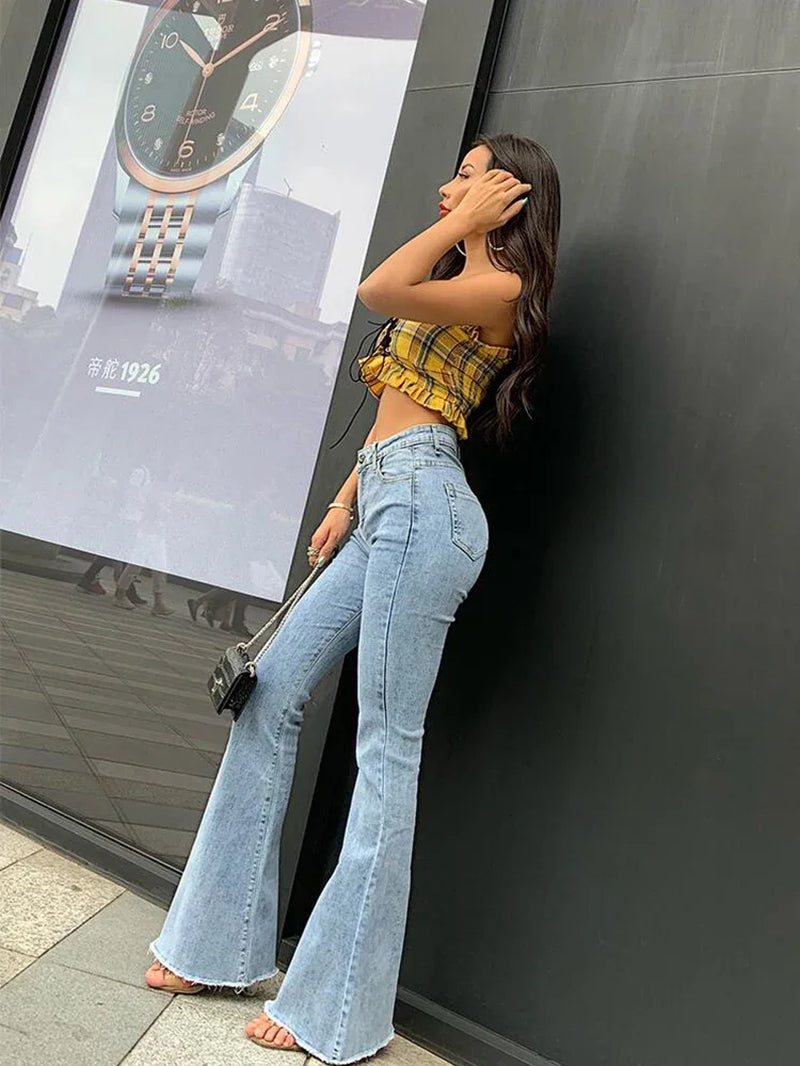 Women's Vintage High-Waist Flare Jeans - Y2K Style Stretch Denim Trousers for Tall and Slim Fit, Retro Streetwear