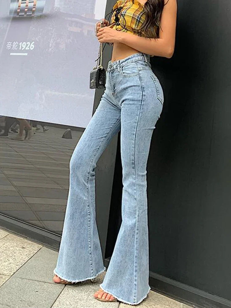 Women's Vintage High-Waist Flare Jeans - Y2K Style Stretch Denim Trousers for Tall and Slim Fit, Retro Streetwear