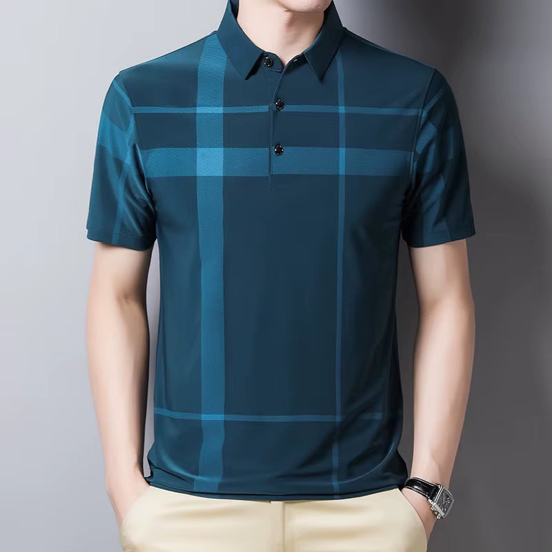 Korean Style Polo Shirt for Men Short Sleeve Slim Fit Summer Thin Shirt Streetwear Men Polo Shirt Plaid Clothing