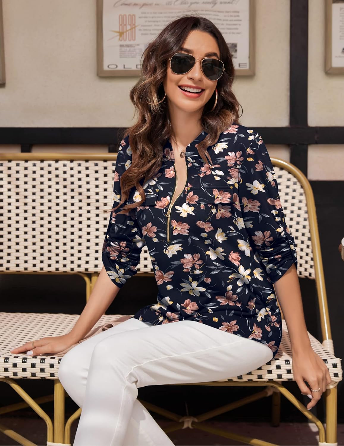 Women'S Long Sleeve Chiffon Shirt V Neck Office Work Zip up Print / Solid Color Dress, Print-White Flower Dark Blue, Medium