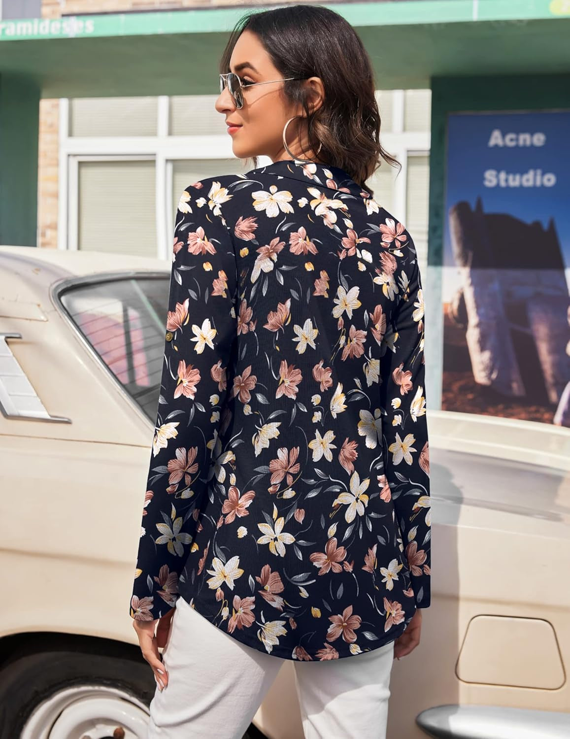 Women'S Long Sleeve Chiffon Shirt V Neck Office Work Zip up Print / Solid Color Dress, Print-White Flower Dark Blue, Medium