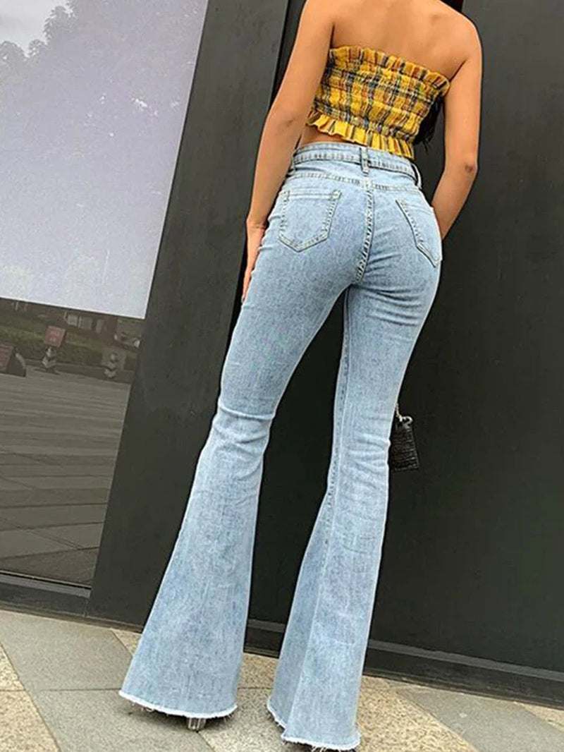 Women's Vintage High-Waist Flare Jeans - Y2K Style Stretch Denim Trousers for Tall and Slim Fit, Retro Streetwear