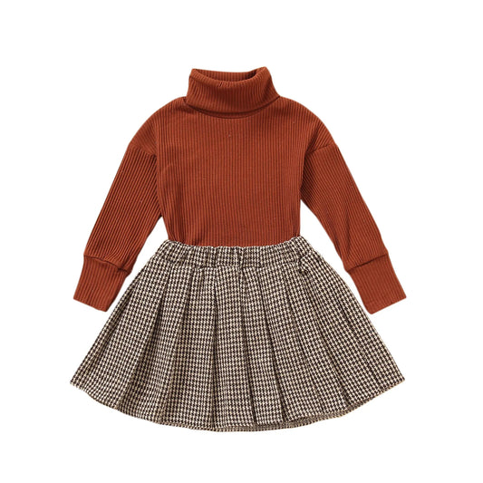 Fashion Children Girls Clothes Set New Kids Clothes Suit Solid Turtleneck Long Sleeve Pullovers Tops+Skirt Girls Clothing Sets