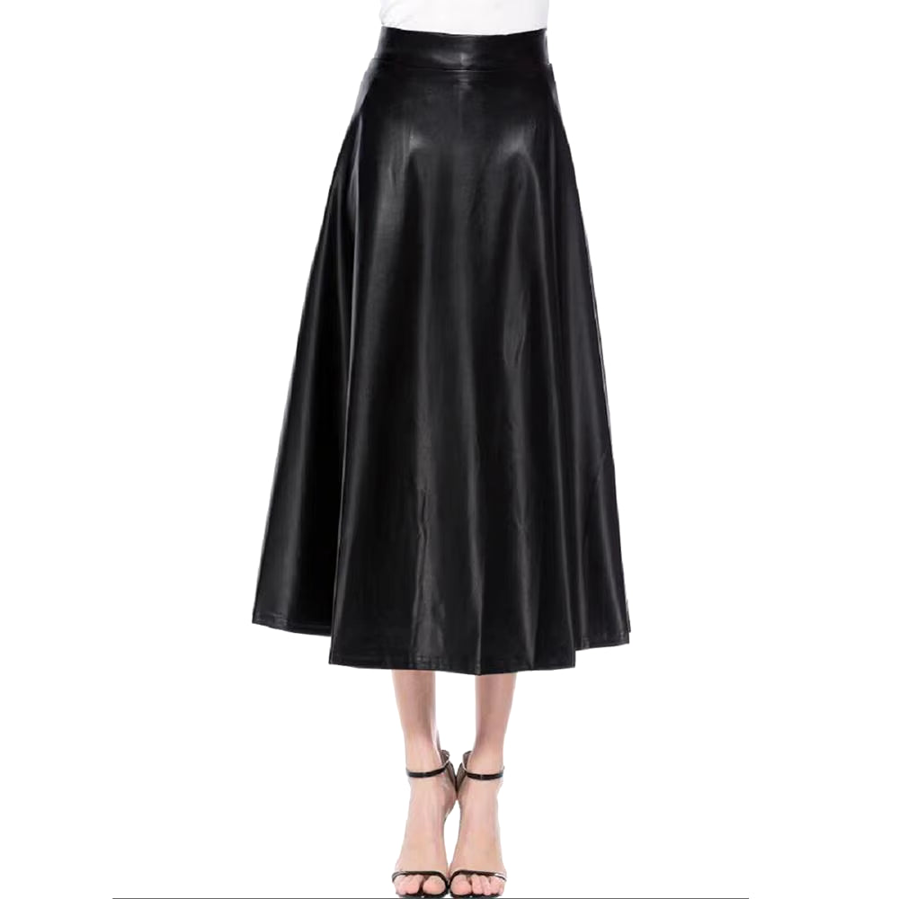 Winter Pu Leather Skirt Women Maxi Long Skirts Womens High Waist Slim Autumn Vintage Pleated Skirt Black Large Swing Long Skirts