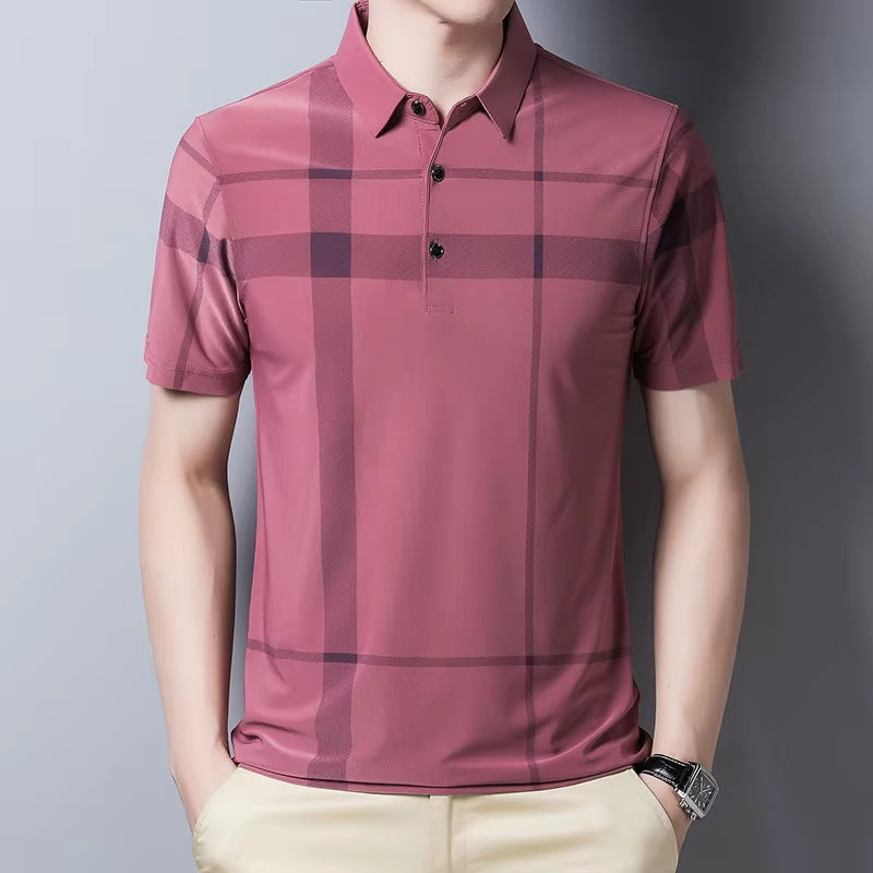 Korean Style Polo Shirt for Men Short Sleeve Slim Fit Summer Thin Shirt Streetwear Men Polo Shirt Plaid Clothing