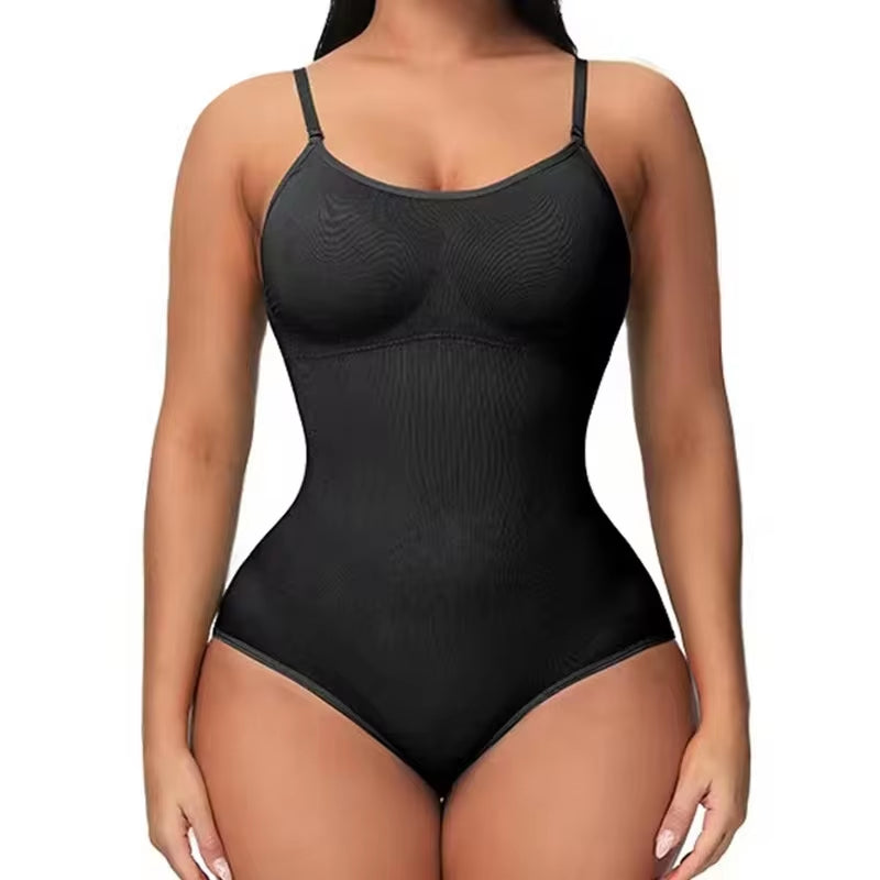V-Neck Spaghetti Strap Compression Bodysuit with Open Crotch Shapewear for a Sleek Silhouette