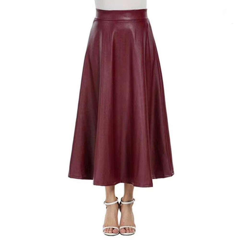 Winter Pu Leather Skirt Women Maxi Long Skirts Womens High Waist Slim Autumn Vintage Pleated Skirt Black Large Swing Long Skirts