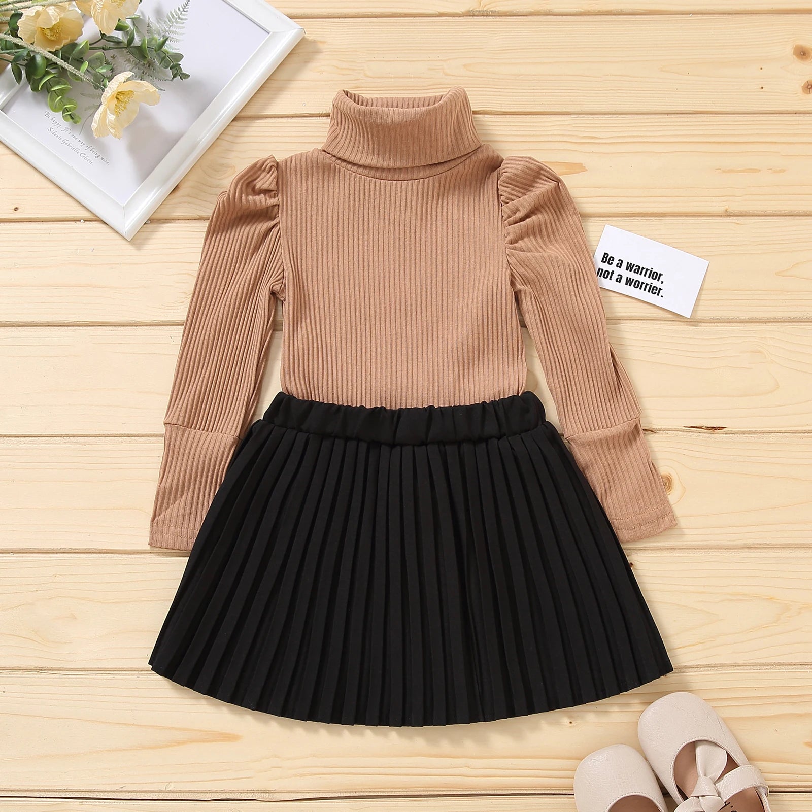 Fashion Children Girls Clothes Set New Kids Clothes Suit Solid Turtleneck Long Sleeve Pullovers Tops+Skirt Girls Clothing Sets