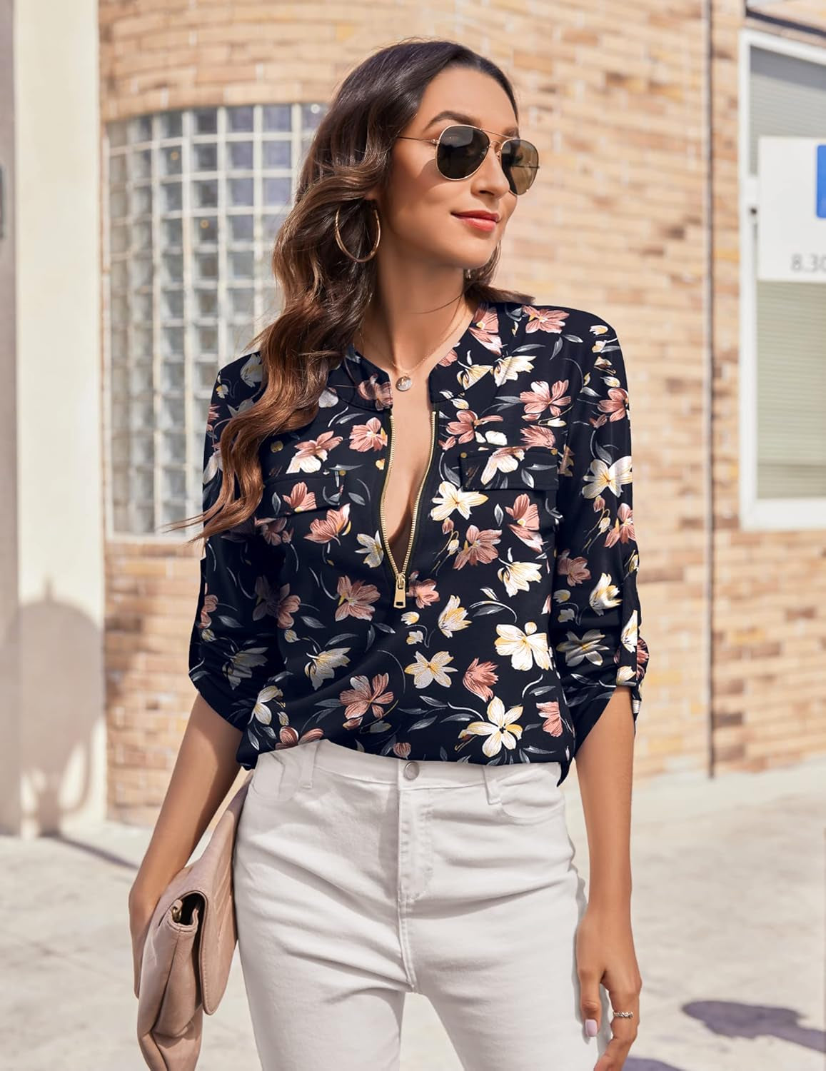 Women'S Long Sleeve Chiffon Shirt V Neck Office Work Zip up Print / Solid Color Dress, Print-White Flower Dark Blue, Medium