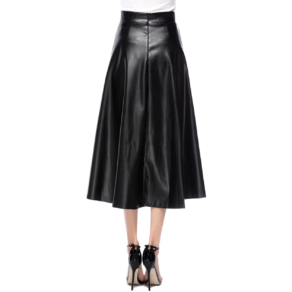 Winter Pu Leather Skirt Women Maxi Long Skirts Womens High Waist Slim Autumn Vintage Pleated Skirt Black Large Swing Long Skirts