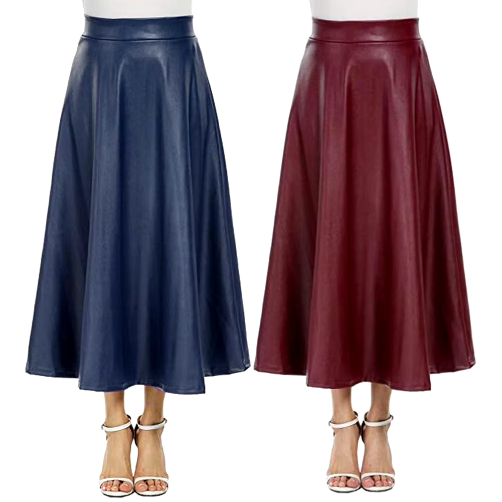 Winter Pu Leather Skirt Women Maxi Long Skirts Womens High Waist Slim Autumn Vintage Pleated Skirt Black Large Swing Long Skirts