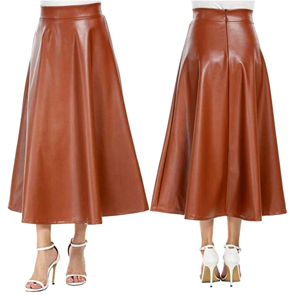 Winter Pu Leather Skirt Women Maxi Long Skirts Womens High Waist Slim Autumn Vintage Pleated Skirt Black Large Swing Long Skirts