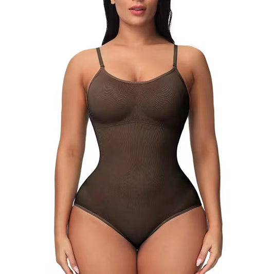 V-Neck Spaghetti Strap Compression Bodysuit with Open Crotch Shapewear for a Sleek Silhouette