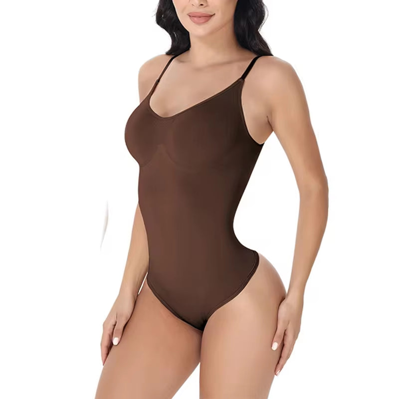 V-Neck Spaghetti Strap Compression Bodysuit with Open Crotch Shapewear for a Sleek Silhouette