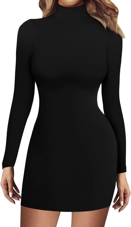 Women's Long Sleeve Bodycon Dress with Stand Neck - Casual Fitted Stretch Mini Dress in Black (Size Small)