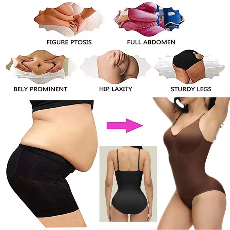 V-Neck Spaghetti Strap Compression Bodysuit with Open Crotch Shapewear for a Sleek Silhouette