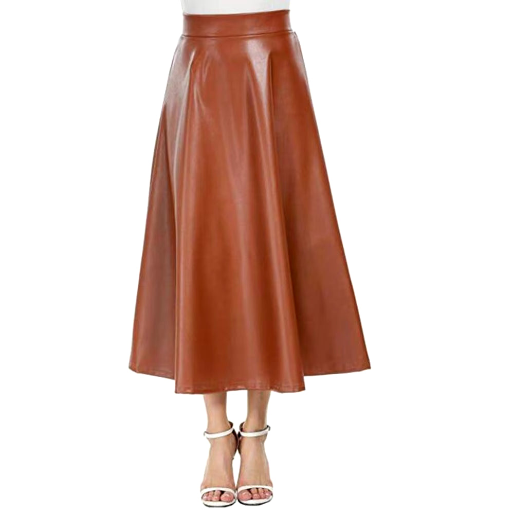 Winter Pu Leather Skirt Women Maxi Long Skirts Womens High Waist Slim Autumn Vintage Pleated Skirt Black Large Swing Long Skirts