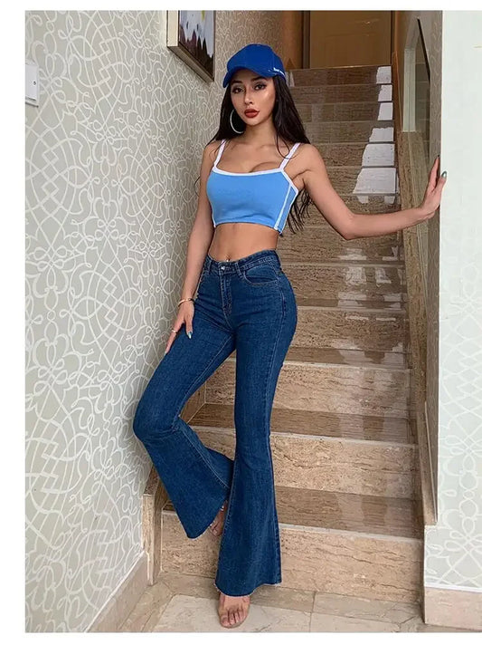 Women's Vintage High-Waist Flare Jeans - Y2K Style Stretch Denim Trousers for Tall and Slim Fit, Retro Streetwear