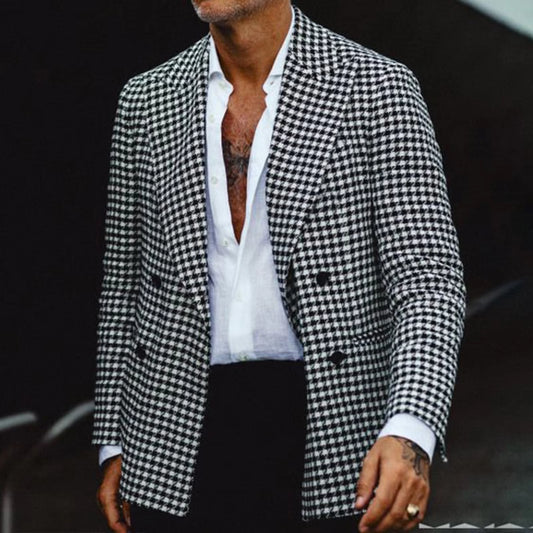 Houndstooth Business Blazer for Men 2024 Plaid Notched Lapel Suit Jacket Formal Male Fashion Coat Casual Suit Male