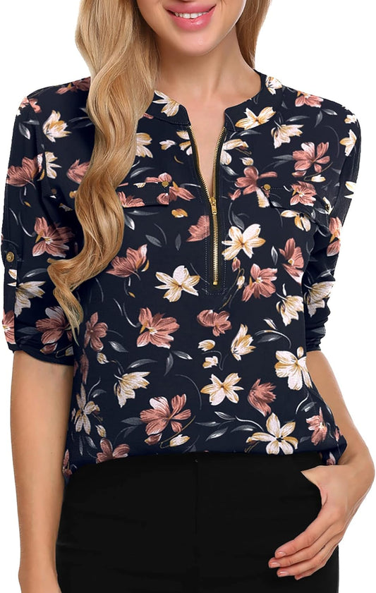 Women'S Long Sleeve Chiffon Shirt V Neck Office Work Zip up Print / Solid Color Dress, Print-White Flower Dark Blue, Medium