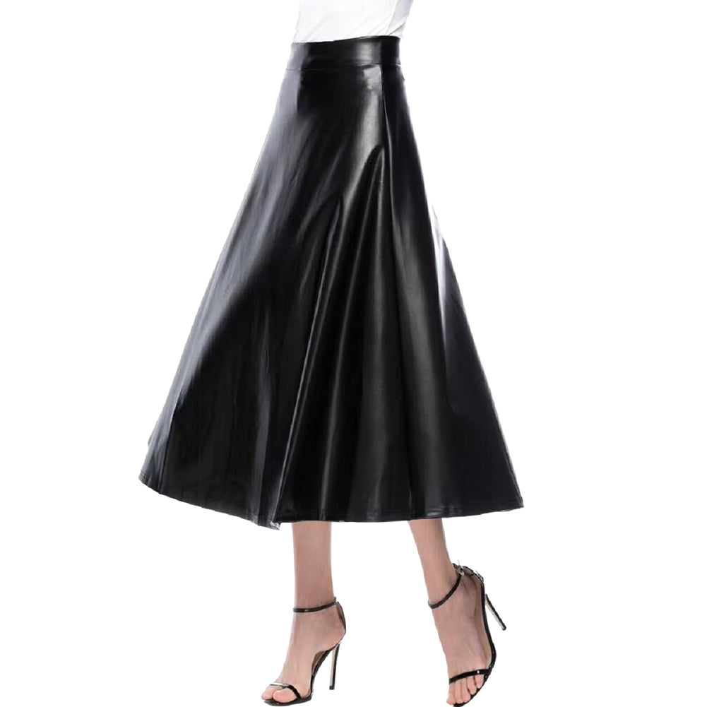 Winter Pu Leather Skirt Women Maxi Long Skirts Womens High Waist Slim Autumn Vintage Pleated Skirt Black Large Swing Long Skirts