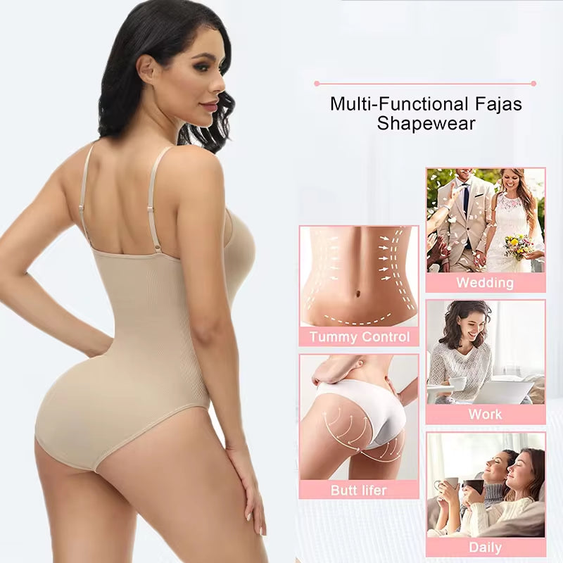 V-Neck Spaghetti Strap Compression Bodysuit with Open Crotch Shapewear for a Sleek Silhouette