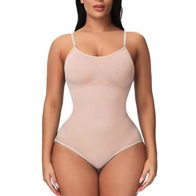 V-Neck Spaghetti Strap Compression Bodysuit with Open Crotch Shapewear for a Sleek Silhouette