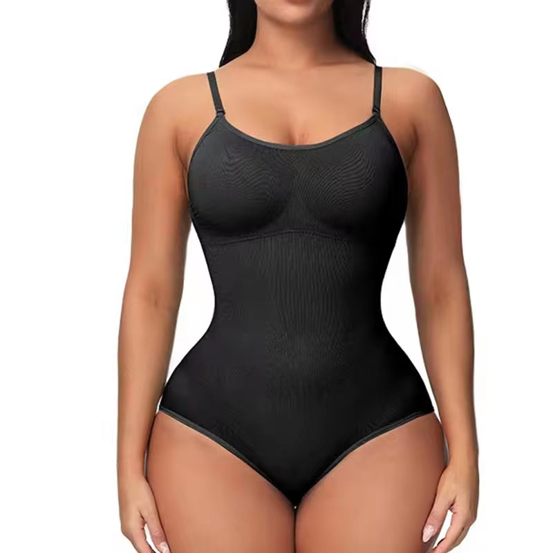 V-Neck Spaghetti Strap Compression Bodysuit with Open Crotch Shapewear for a Sleek Silhouette