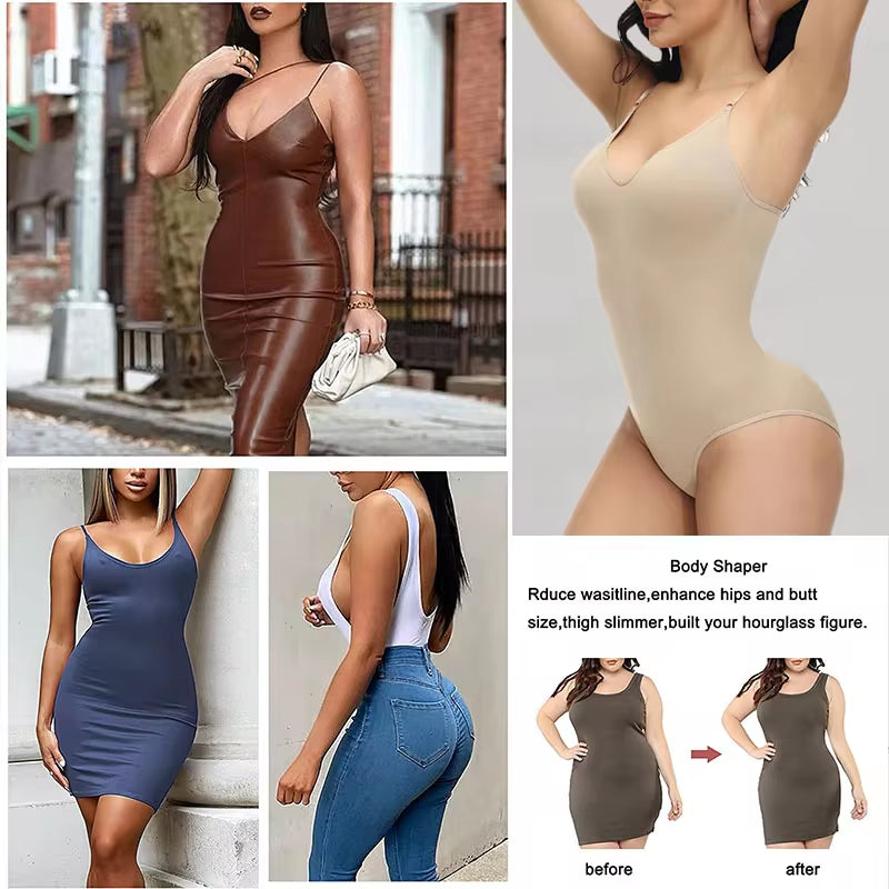 V-Neck Spaghetti Strap Compression Bodysuit with Open Crotch Shapewear for a Sleek Silhouette