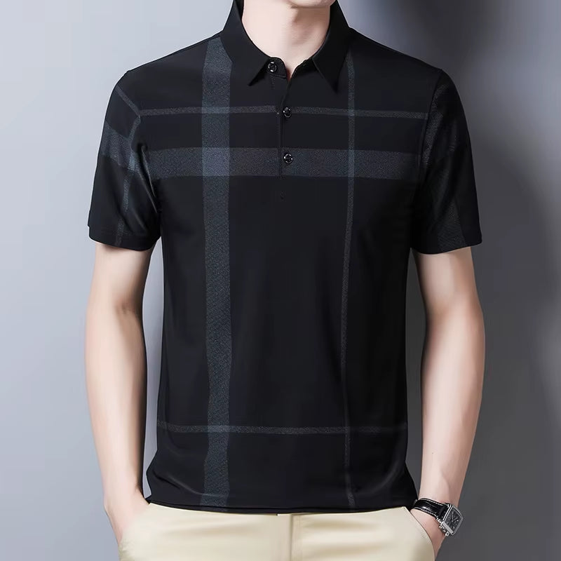 Korean Style Polo Shirt for Men Short Sleeve Slim Fit Summer Thin Shirt Streetwear Men Polo Shirt Plaid Clothing