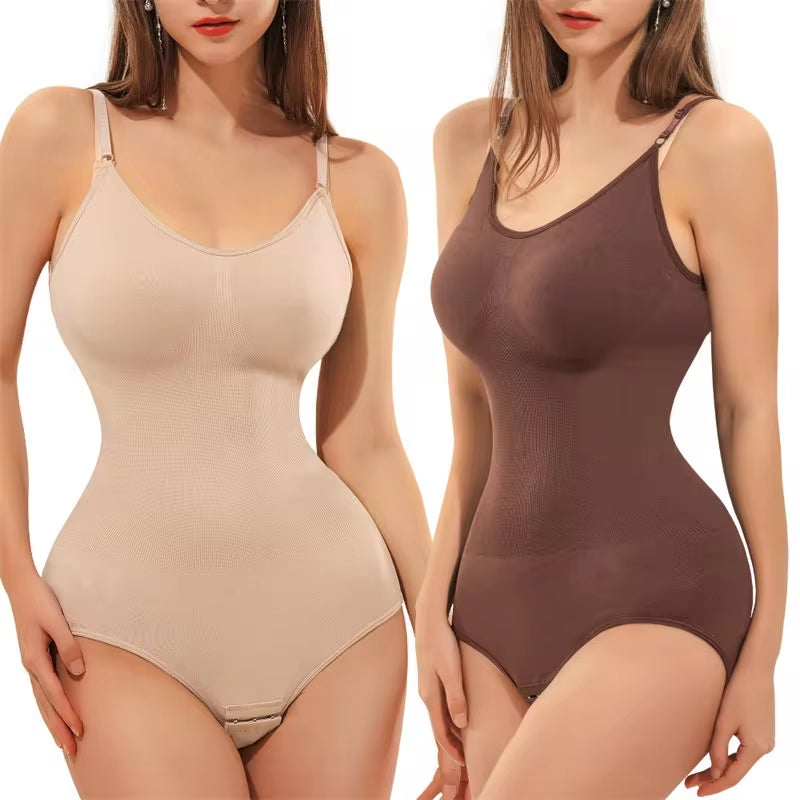 V-Neck Spaghetti Strap Compression Bodysuit with Open Crotch Shapewear for a Sleek Silhouette