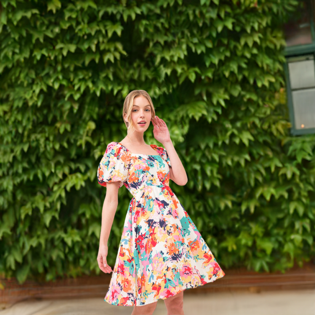 And The Why Square Neck Puff Sleeve Floral Dress