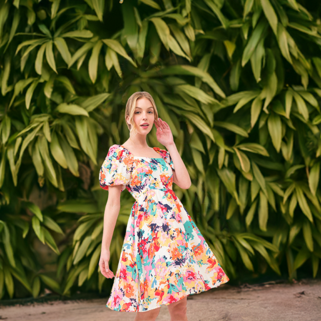 And The Why Square Neck Puff Sleeve Floral Dress