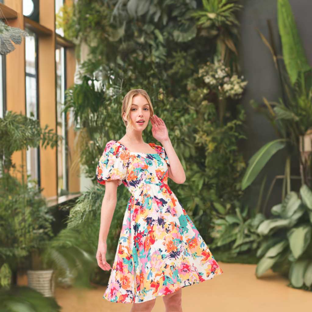 And The Why Square Neck Puff Sleeve Floral Dress