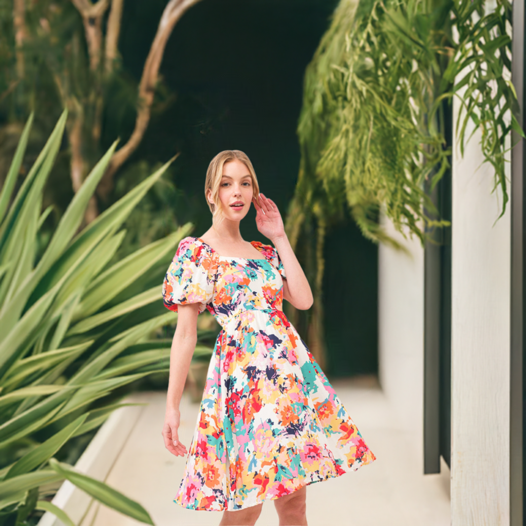 And The Why Square Neck Puff Sleeve Floral Dress